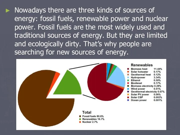 Nowadays there are three kinds of sources of energy: fossil