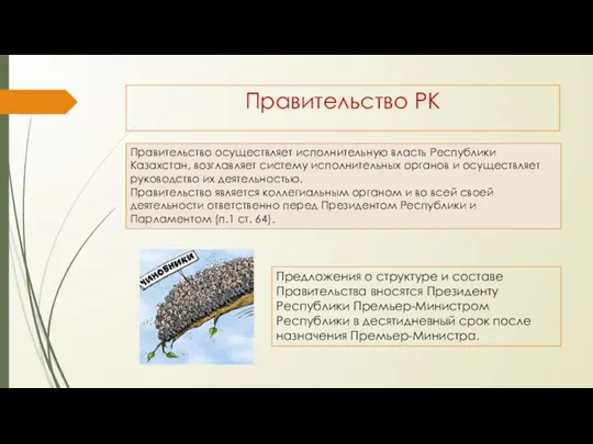 Правительство РК Правительство осуществляет исполнительную власть Республики Казахстан, возглавляет систему исполнительных органов и