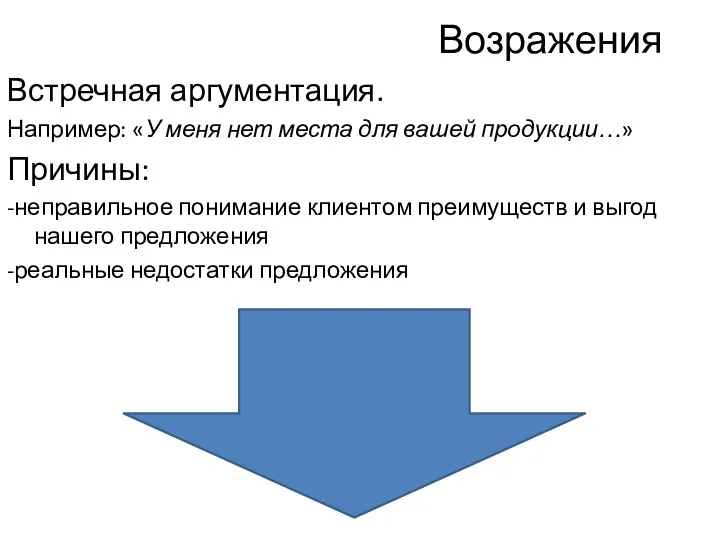 Возражения Встречная аргументация. Например: «У меня нет места для вашей