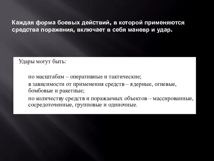 Каждая форма боевых действий, в которой применяются средства поражения, включает