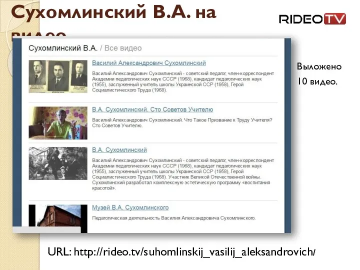 Сухомлинский В.А. на видео Выложено 10 видео. URL: http://rideo.tv/suhomlinskij_vasilij_aleksandrovich/