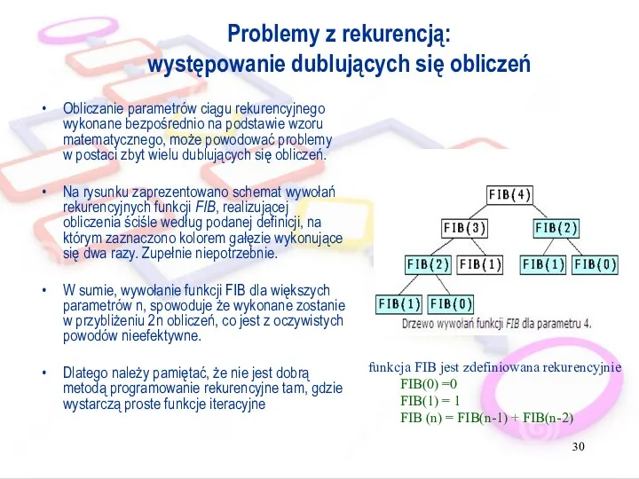 Problemy z rekurencją: występowanie dublujących się obliczeń Obliczanie parametrów ciągu