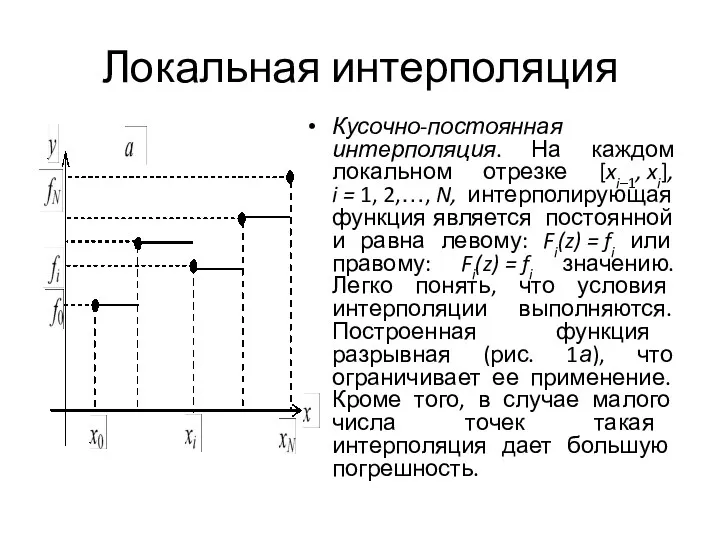 Локальная интерполяция Кусочно-постоянная интерполяция. На каждом локальном отрезке [xi–1, xi],