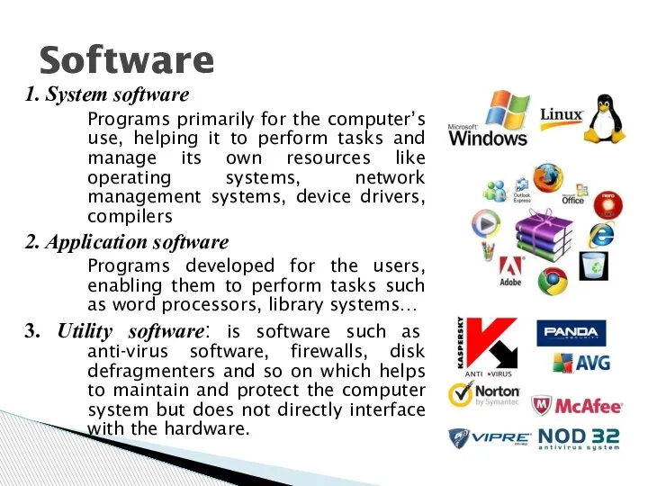 1. System software Programs primarily for the computer’s use, helping it to perform