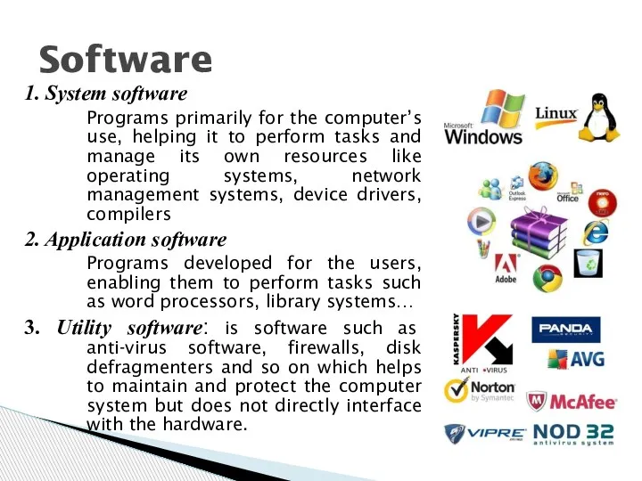 1. System software Programs primarily for the computer’s use, helping