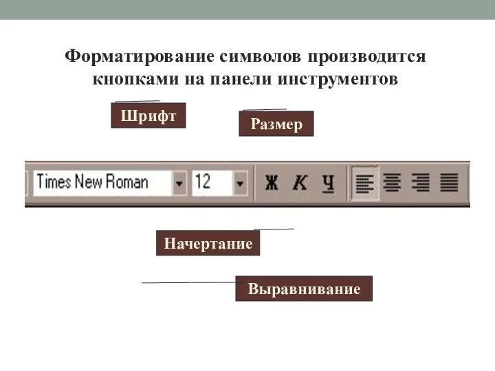 Форматирование символов производится кнопками на панели инструментов Шрифт Размер Начертание Выравнивание