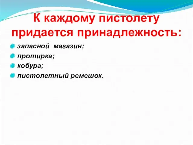 К каждому пистолету придается принадлежность: запасной магазин; протирка; кобура; пистолетный ремешок.