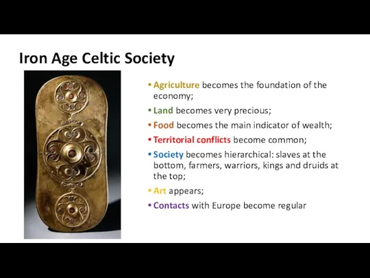Iron Age Celtic Society Agriculture becomes the foundation of the economy; Land becomes