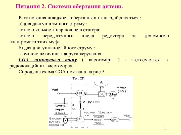 Питання 2. Системи обертання антени. Регулювання швидкості обертання антени здійснюється : а) для