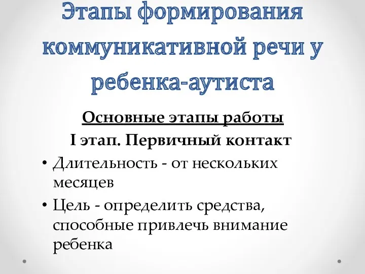 Этапы формирования коммуникативной речи у ребенка-аутиста Основные этапы работы I