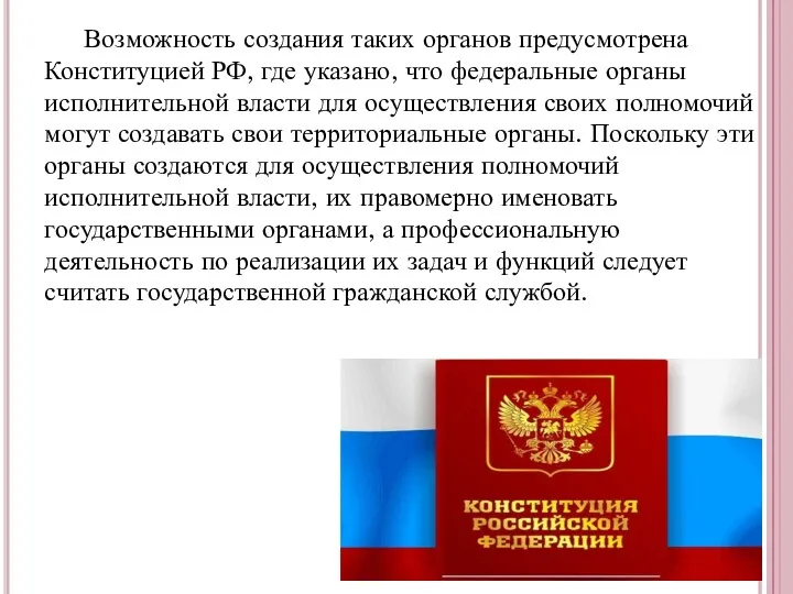 Возможность создания таких органов предусмотрена Конституцией РФ, где указано, что федеральные органы исполнительной