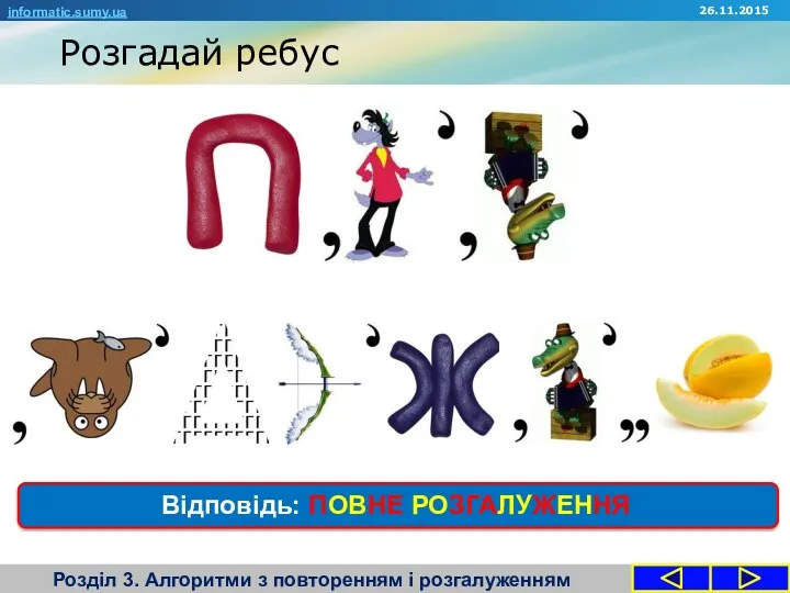 Розгадай ребус Розділ 3. Алгоритми з повторенням і розгалуженням informatic.sumy.ua 26.11.2015 Відповідь: ПОВНЕ РОЗГАЛУЖЕННЯ