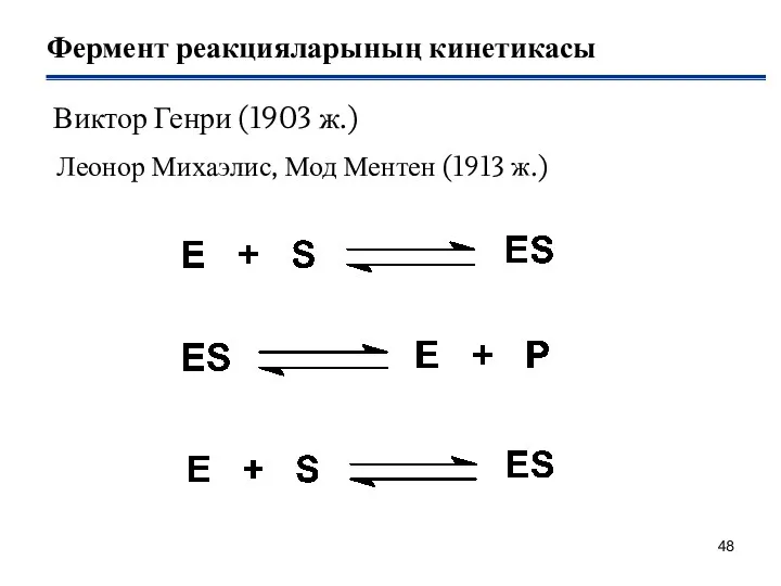 Фермент реакцияларының кинетикасы Виктор Генри (1903 ж.) Леонор Михаэлис, Мод Ментен (1913 ж.)