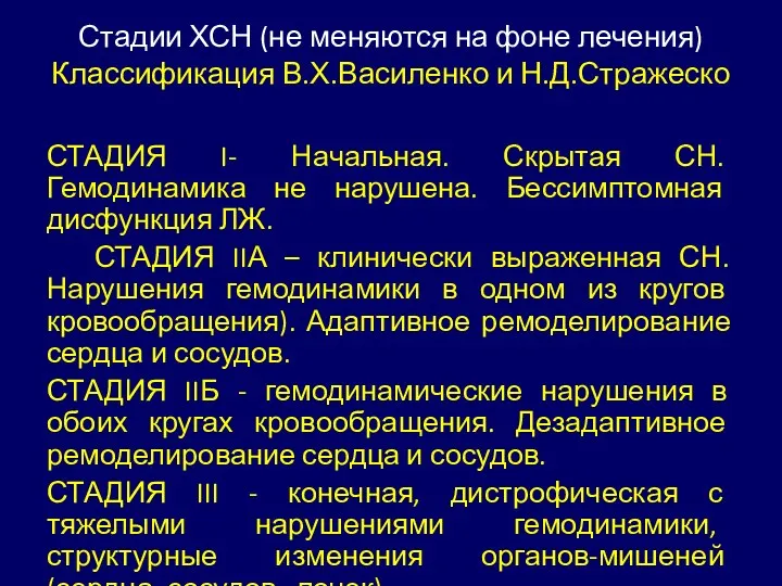 Стадии ХСН (не меняются на фоне лечения) Классификация В.Х.Василенко и