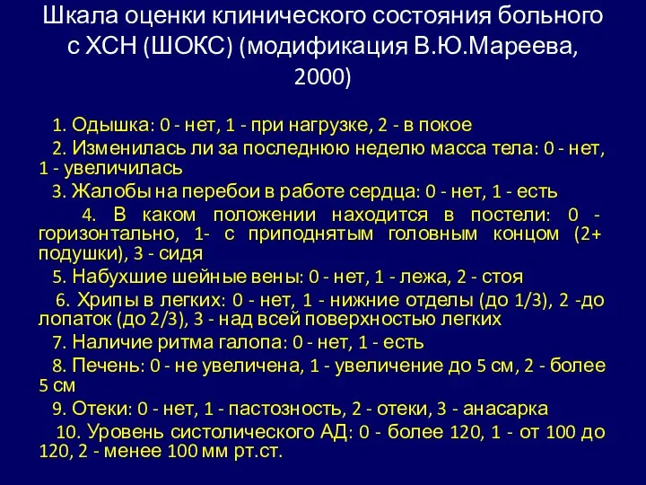 Шкала оценки клинического состояния больного с ХСН (ШОКС) (модификация В.Ю.Мареева,