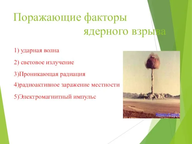 Поражающие факторы ядерного взрыва 1) ударная волна 2) световое излучение 4)радиоактивное заражение местности