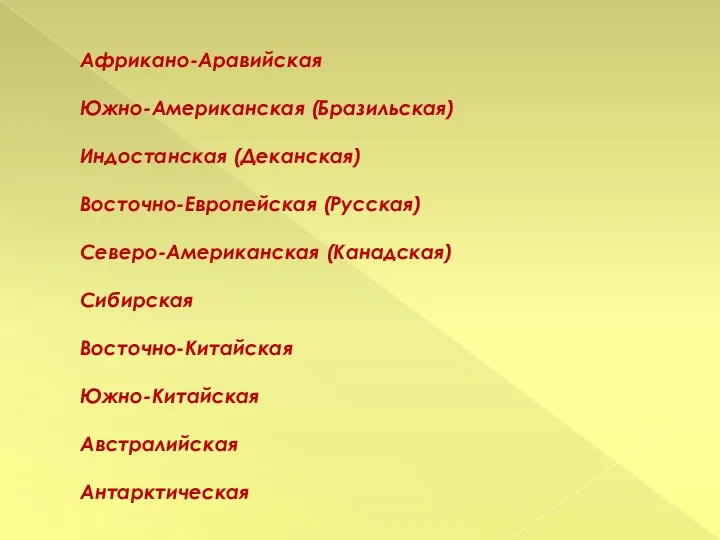 Африкано-Аравийская Южно-Американская (Бразильская) Индостанская (Деканская) Восточно-Европейская (Русская) Северо-Американская (Канадская) Сибирская Восточно-Китайская Южно-Китайская Австралийская Антарктическая