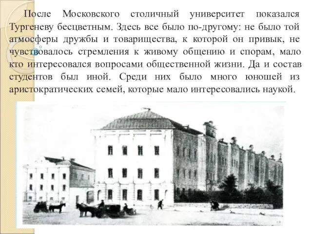 После Московского столичный университет показался Тургеневу бесцветным. Здесь все было по-другому: не было