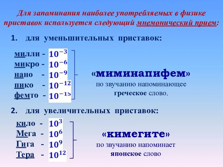 Для запоминания наиболее употребляемых в физике приставок используется следующий мнемонический