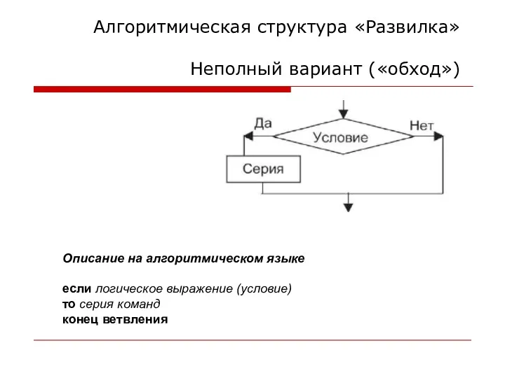 Алгоритмическая структура «Развилка» Неполный вариант («обход») Описание на алгоритмическом языке если логическое выражение