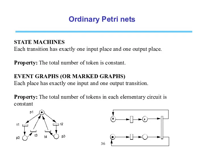 Ordinary Petri nets STATE MACHINES Each transition has exactly one