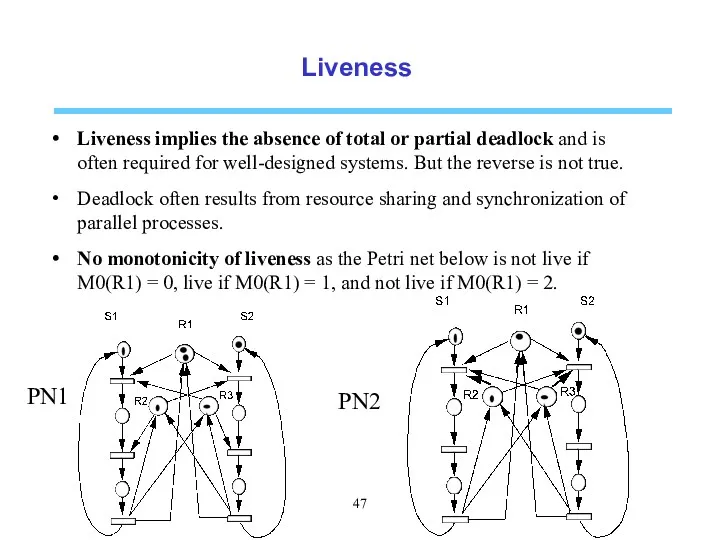 Liveness Liveness implies the absence of total or partial deadlock