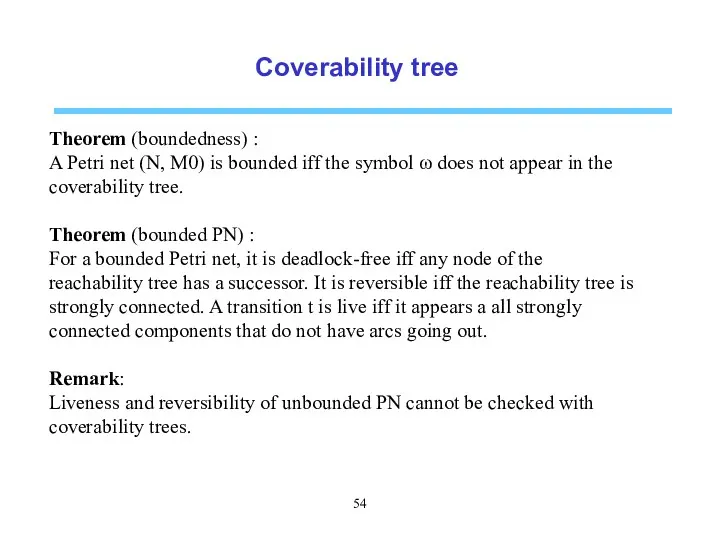 Coverability tree Theorem (boundedness) : A Petri net (N, M0)