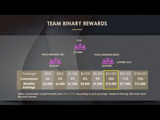 TEAM BINARY REWARDS TOTAL REWARDS LEFT TOTAL REWARDS RIGHT YOU $250,000 $100,000 Notes: