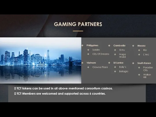 GAMING PARTNERS TCT tokens can be used in all above mentioned consortium casinos.