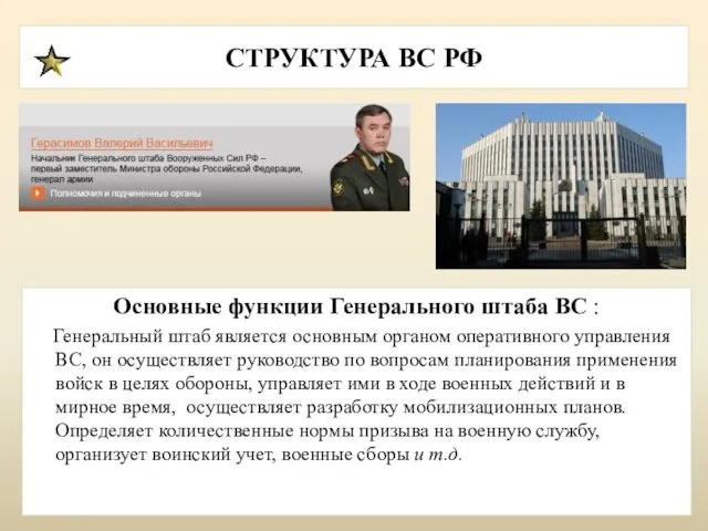 СТРУКТУРА ВС РФ Основные функции Генерального штаба ВС : Генеральный