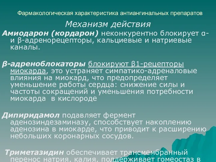 Фармакологическая характеристика антиангинальных препаратов Механизм действия Амиодарон (кордарон) неконкурентно блокирует