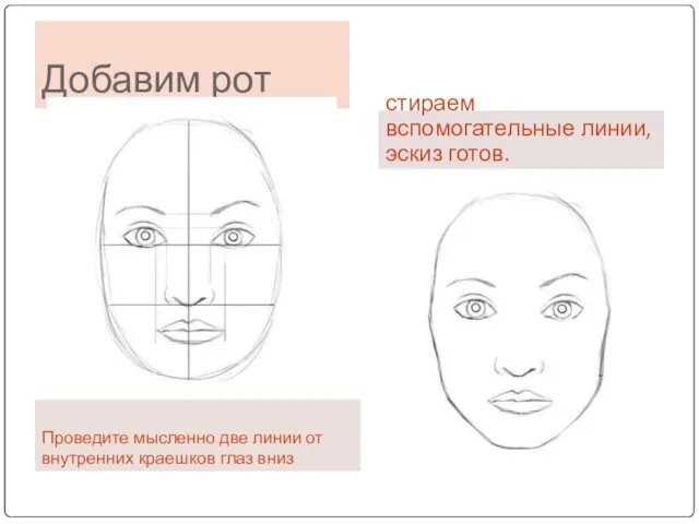 Добавим рот Проведите мысленно две линии от внутренних краешков глаз вниз стираем вспомогательные линии, эскиз готов.