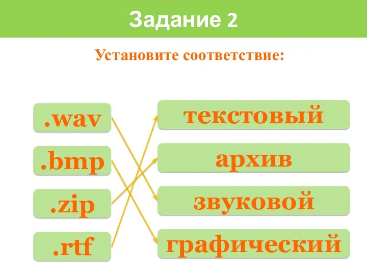 Установите соответствие: .wav .bmp .zip .rtf текстовый архив звуковой графический Задание 2