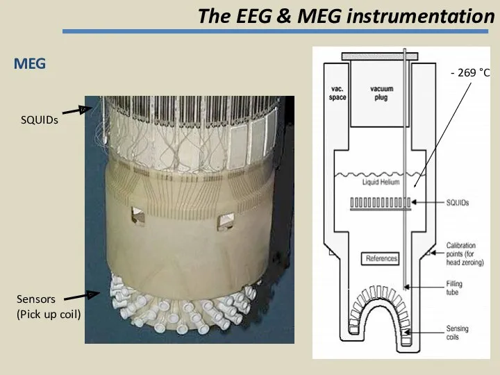 The EEG & MEG instrumentation Sensors (Pick up coil) SQUIDs MEG - 269 °C