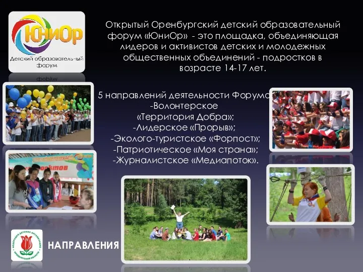 НАПРАВЛЕНИЯ Открытый Оренбургский детский образовательный форум «ЮниОр» - это площадка,