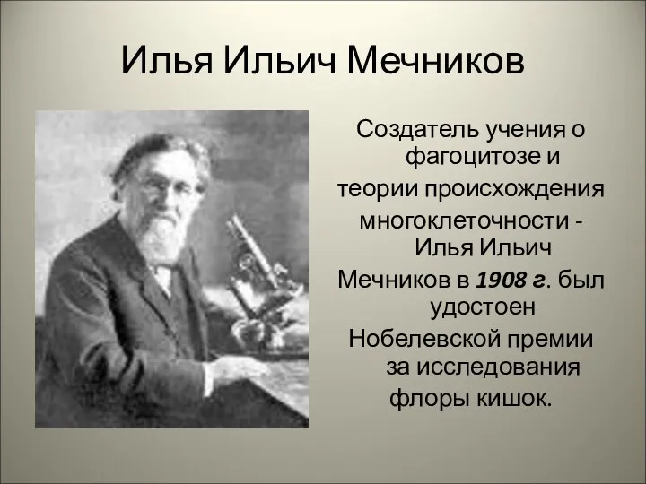 Илья Ильич Мечников Создатель учения о фагоцитозе и теории происхождения