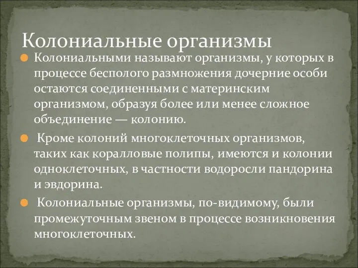 Колониальными называют организмы, у которых в процессе бесполого размножения дочерние