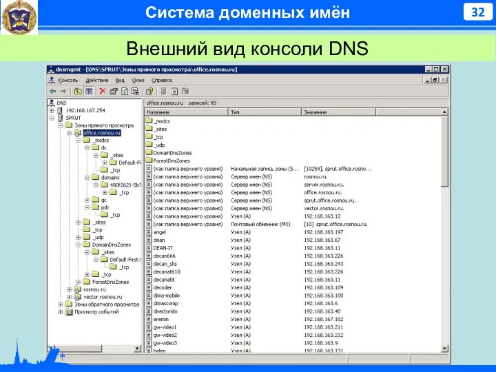 Система доменных имён Внешний вид консоли DNS