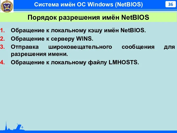 Система имён ОС Windows (NetBIOS) Порядок разрешения имён NetBIOS Обращение