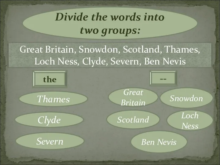 Divide the words into two groups: the -- Great Britain,