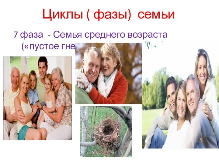 Циклы ( фазы) семьи 7 фаза - Семья среднего возраста («пустое гнездо»);