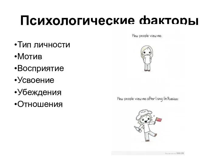 Психологические факторы Тип личности Мотив Восприятие Усвоение Убеждения Отношения