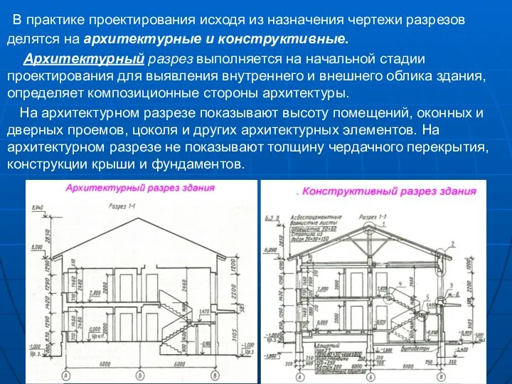 В практике проектирования исходя из назначения чертежи разрезов делятся на