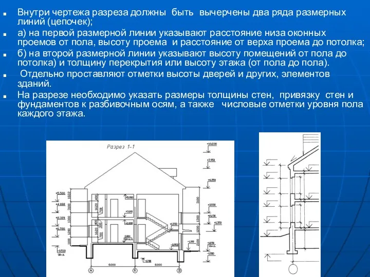 Внутри чертежа разреза должны быть вычерчены два ряда размерных линий