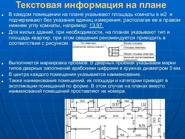 Текстовая информация на плане В каждом помещении на плане указывают