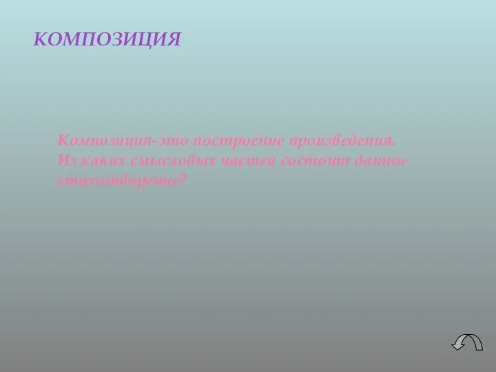 КОМПОЗИЦИЯ Композиция-это построение произведения. Из каких смысловых частей состоит данное стихотворение?