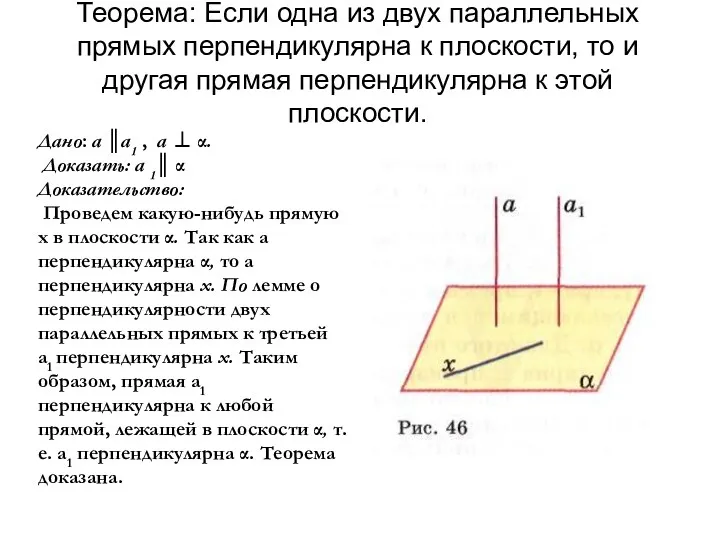 Теорема: Если одна из двух параллельных прямых перпендикулярна к плоскости,