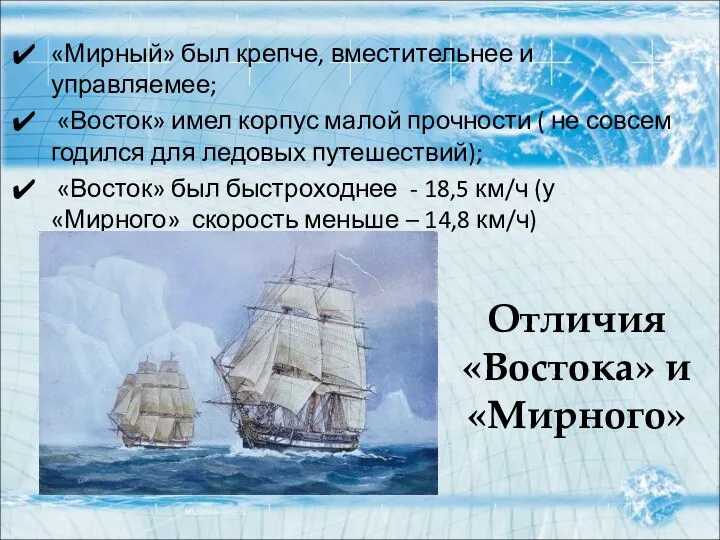 Отличия «Востока» и «Мирного» «Мирный» был крепче, вместительнее и управляемее; «Восток» имел корпус