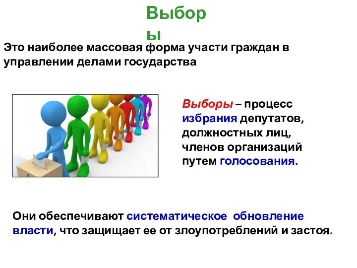 Выборы Это наиболее массовая форма участи граждан в управлении делами