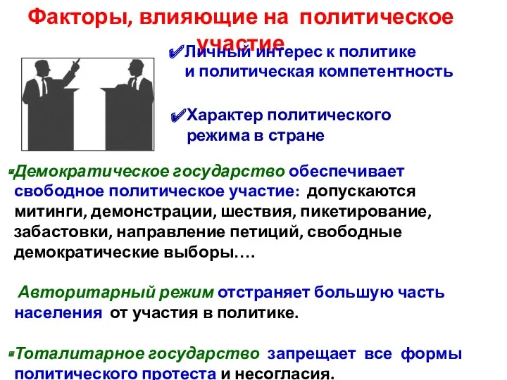 Характер политического режима в стране Демократическое государство обеспечивает свободное политическое